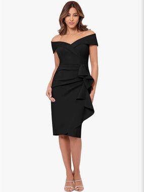 NWT Xscape | Women’s Black Off-Shoulder Side Ruffle Scuba Knit Sheath Dress 18W